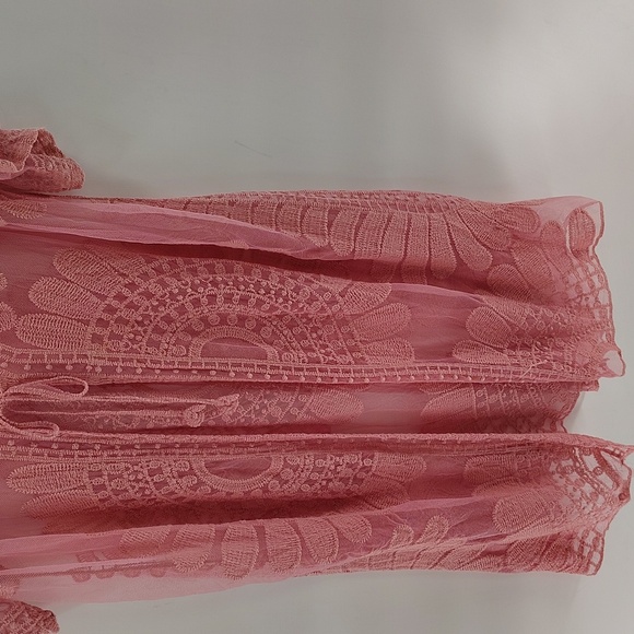 CHOA Pink Dark Rose Lace Kimono Duster Cover Up w Front Tie Large To X-large - Picture 4 of 8